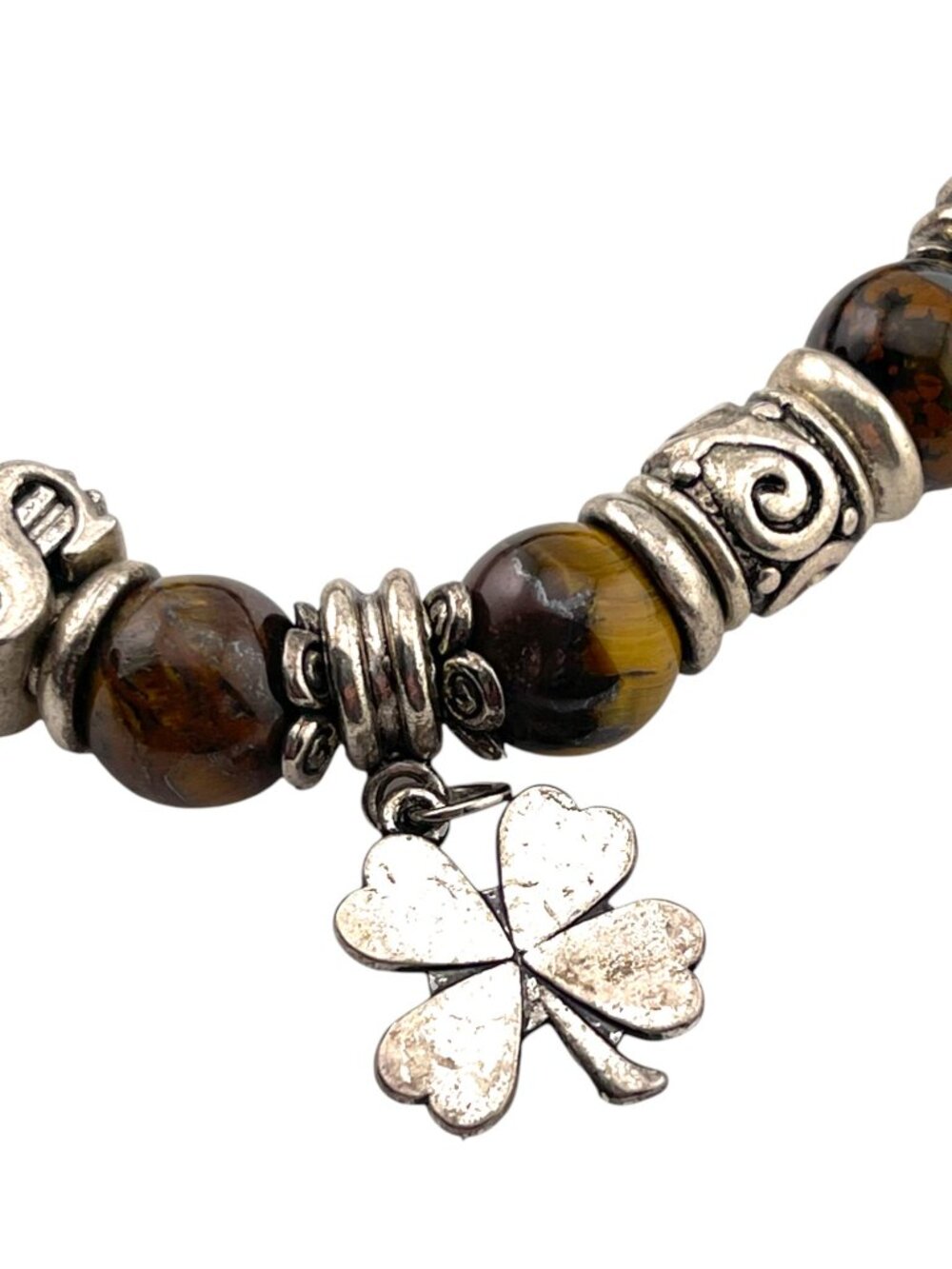 Tiger’s Eye Charm Bracelet Boho Stretch Beaded Silver Tone Mermaid Clover - Picture 10 of 11
